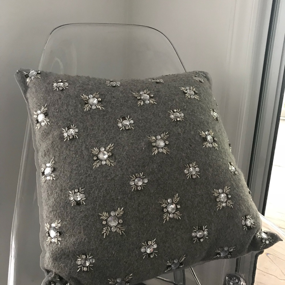 Gray Wool Pillow with Jewels, 16” x 16”